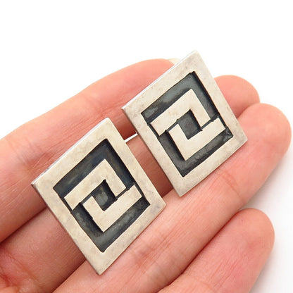 925 Sterling Silver Vintage Mexico Square Maze Design Screw Back Earrings