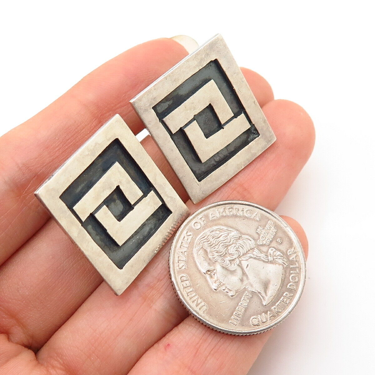 925 Sterling Silver Vintage Mexico Square Maze Design Screw Back Earrings