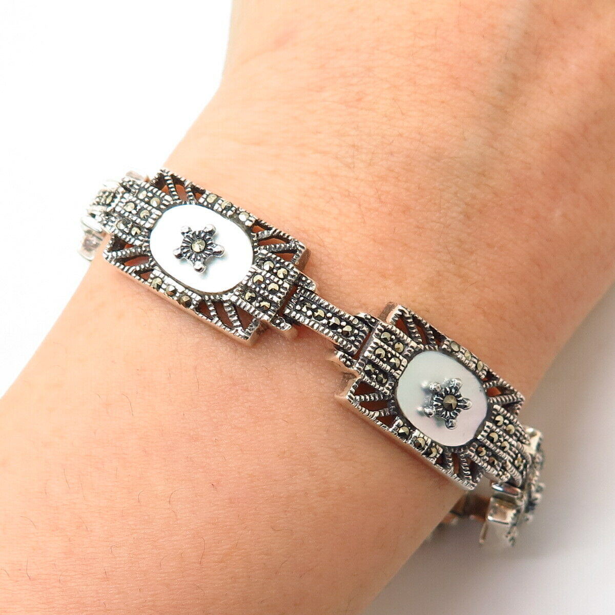 925 Sterling Silver Real Mother-Of-Pearl & Marcasite Gem Link Bracelet 7"