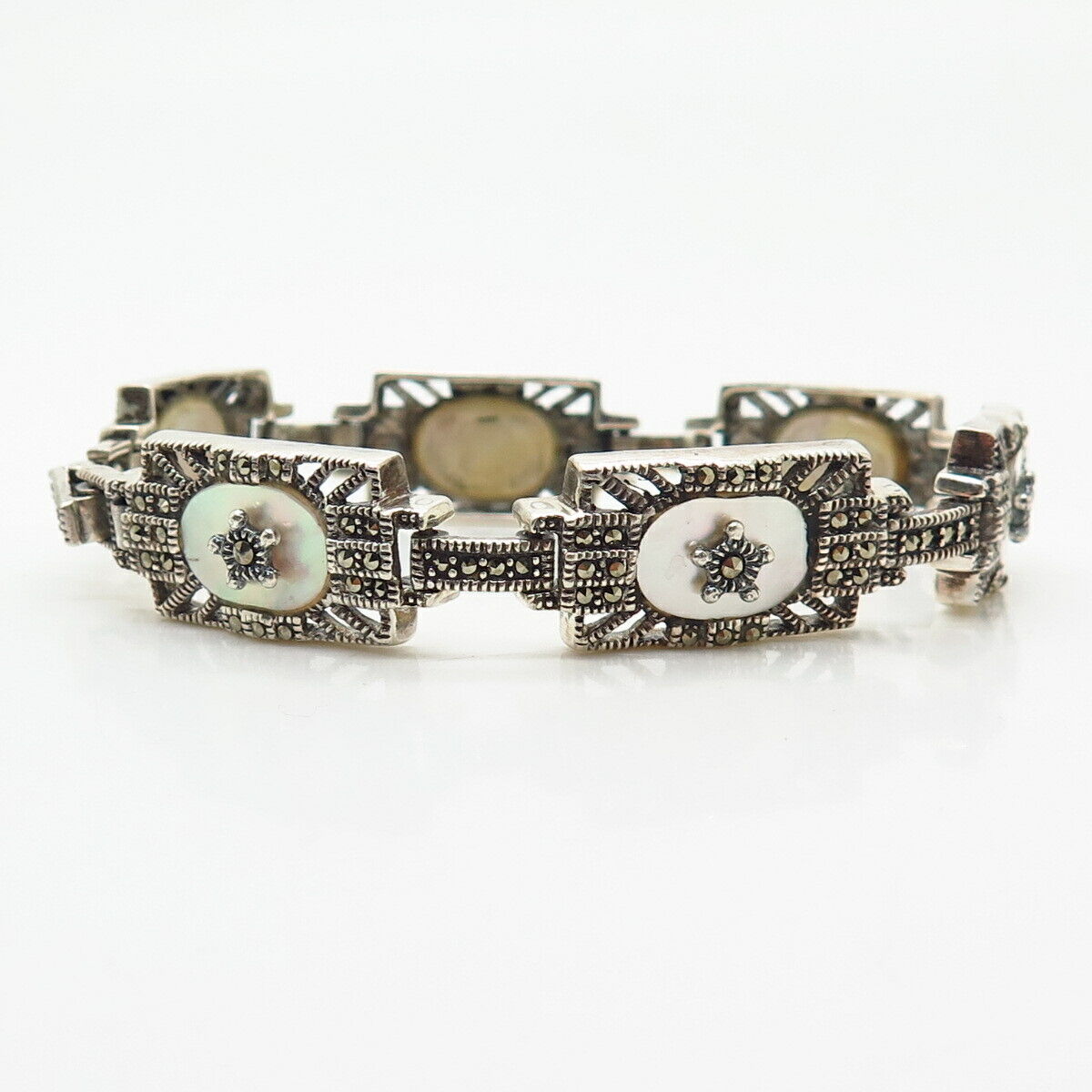 925 Sterling Silver Real Mother-Of-Pearl & Marcasite Gem Link Bracelet 7"