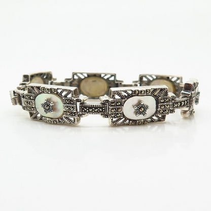 925 Sterling Silver Real Mother-Of-Pearl & Marcasite Gem Link Bracelet 7"