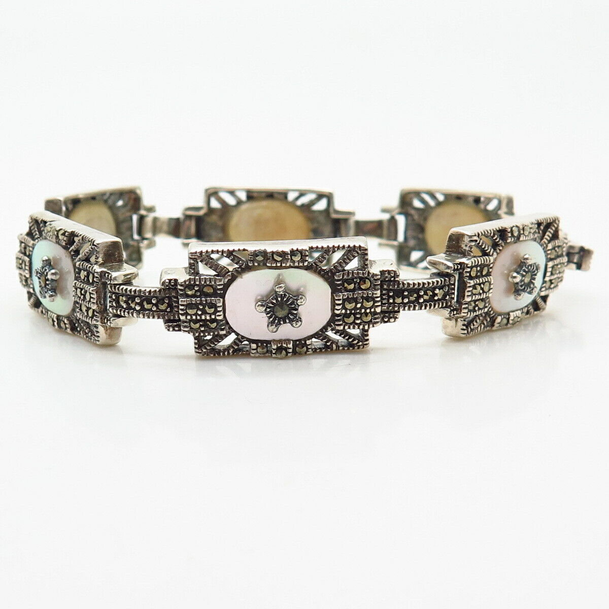 925 Sterling Silver Real Mother-Of-Pearl & Marcasite Gem Link Bracelet 7"