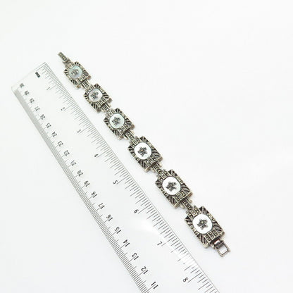 925 Sterling Silver Real Mother-Of-Pearl & Marcasite Gem Link Bracelet 7"