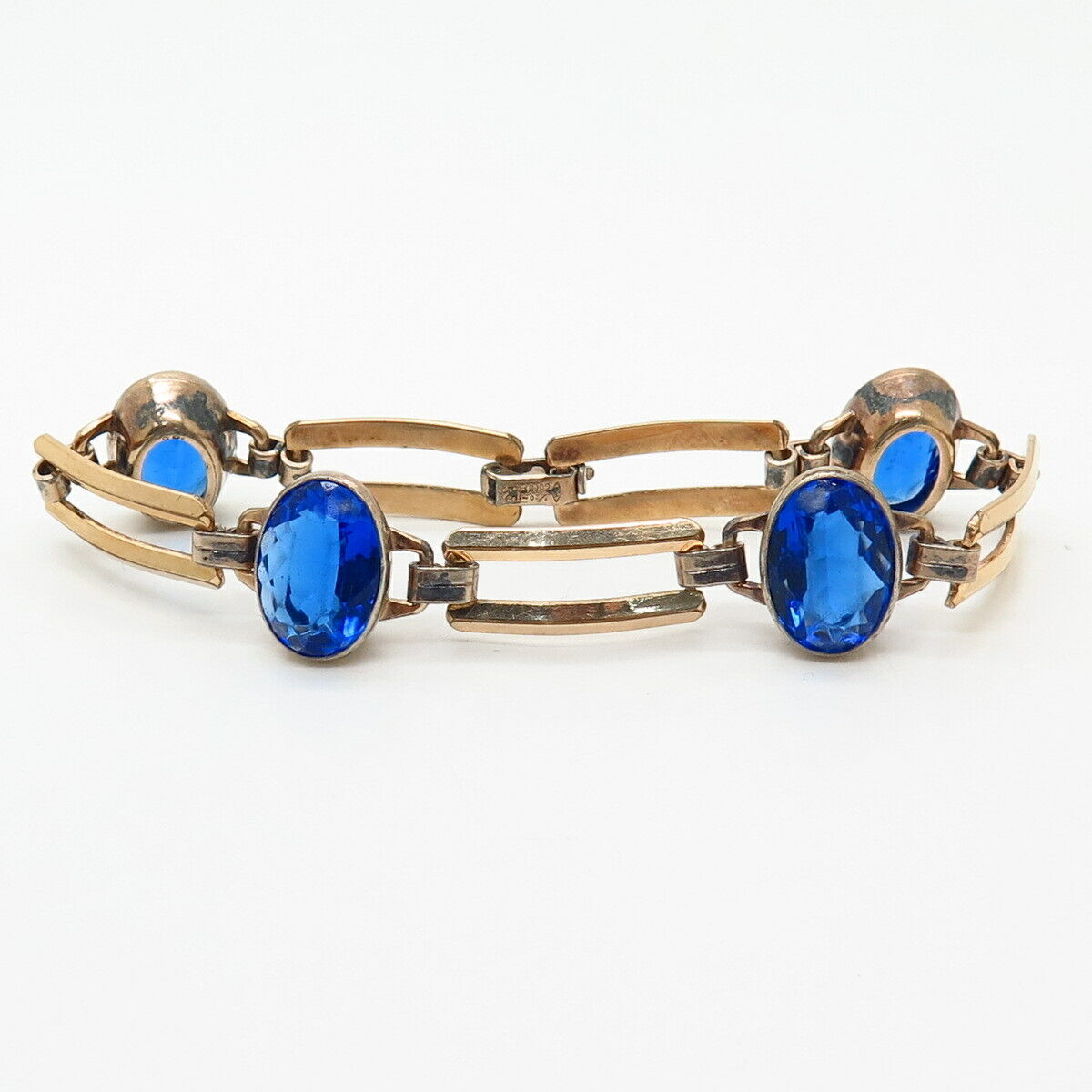 1/20 10K Gold Filled Antique Blue Glass Gate Link Bracelet 6 3/4"