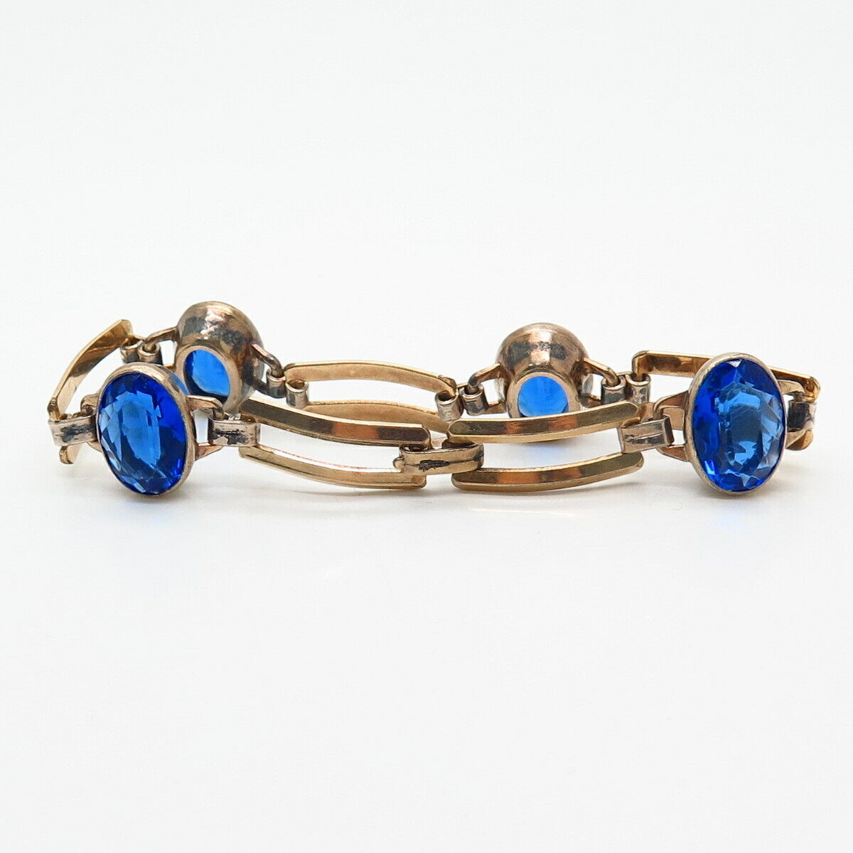 1/20 10K Gold Filled Antique Blue Glass Gate Link Bracelet 6 3/4"