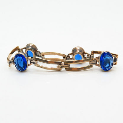 1/20 10K Gold Filled Antique Blue Glass Gate Link Bracelet 6 3/4"