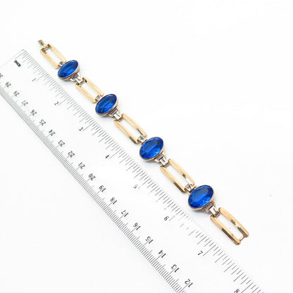 1/20 10K Gold Filled Antique Blue Glass Gate Link Bracelet 6 3/4"