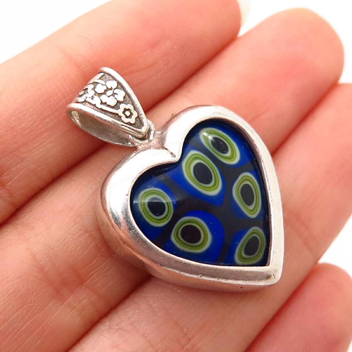 925 Sterling Silver Vintage Enamel Art Glass Heart Pendant