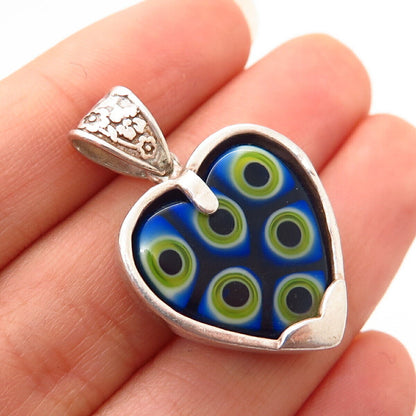 925 Sterling Silver Vintage Enamel Art Glass Heart Pendant