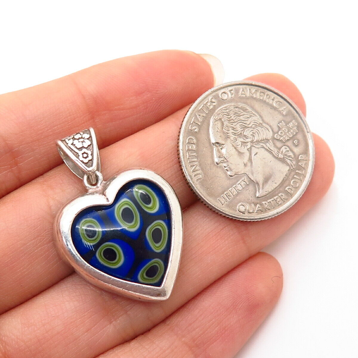 925 Sterling Silver Vintage Enamel Art Glass Heart Pendant