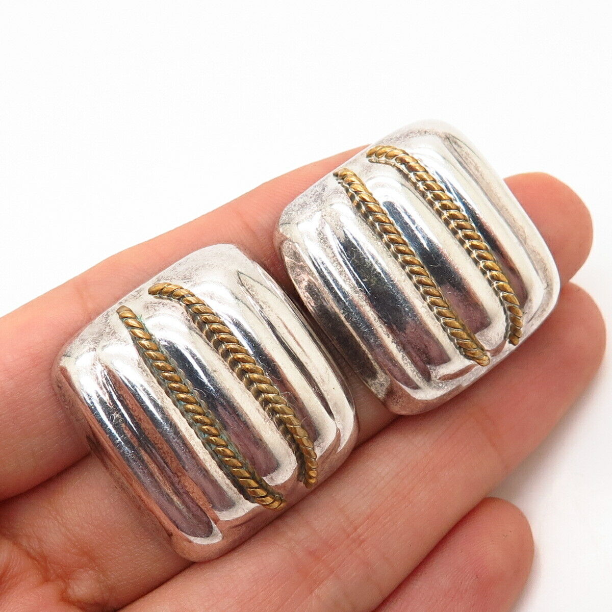 925 Sterling Silver 2-Tone Vintage Mexico Ribbed Design Square Hollow Earrings