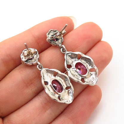 925 Sterling Silver Real Marcasite Gem & Morganite-Tone C Z Dangling Earrings