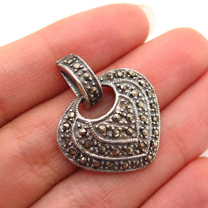 925 Sterling Silver Real Marcasite Gem Heart Design Slide Pendant