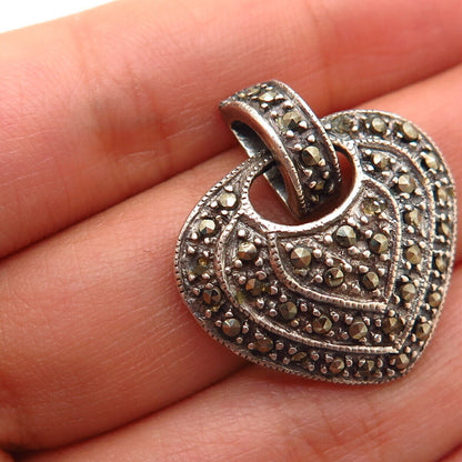 925 Sterling Silver Real Marcasite Gem Heart Design Slide Pendant