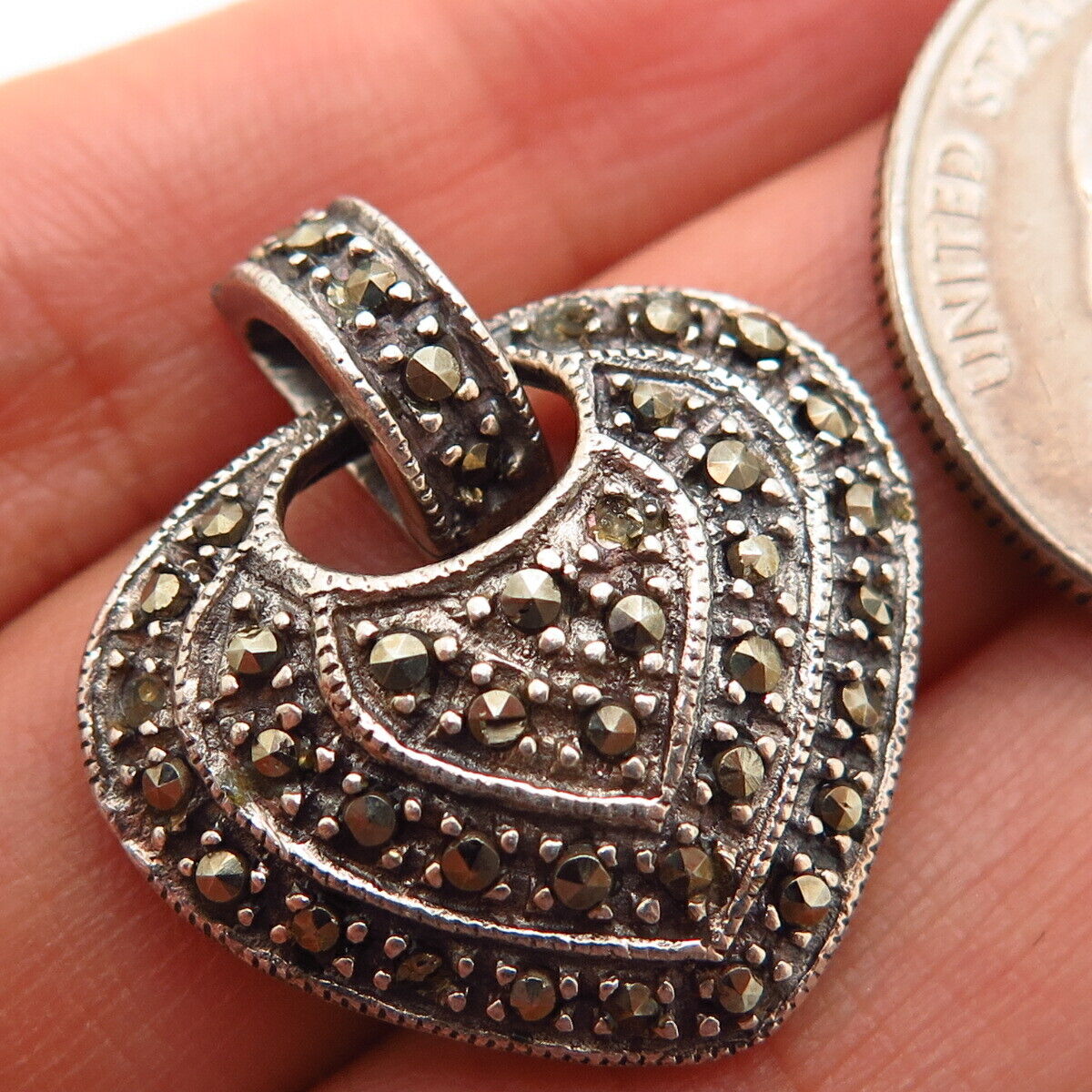 925 Sterling Silver Real Marcasite Gem Heart Design Slide Pendant