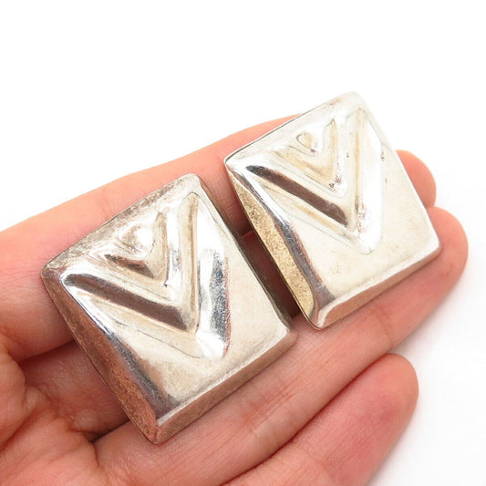 925 Sterling Silver Vintage Mexico Ribbed Design Square Clip On Earrings