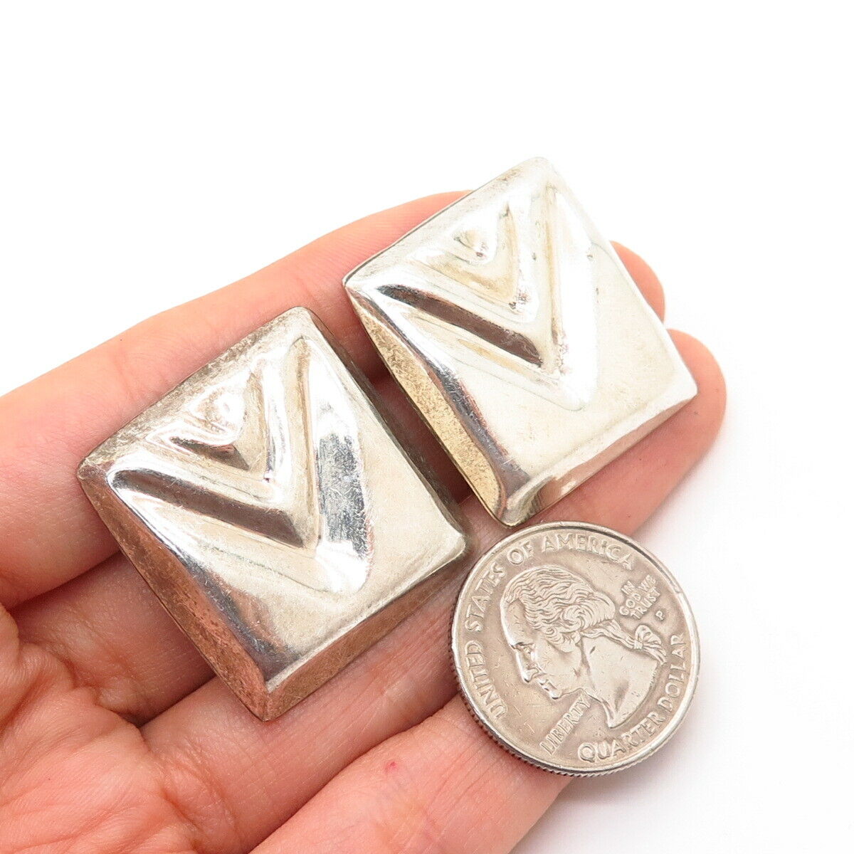 925 Sterling Silver Vintage Mexico Ribbed Design Square Clip On Earrings