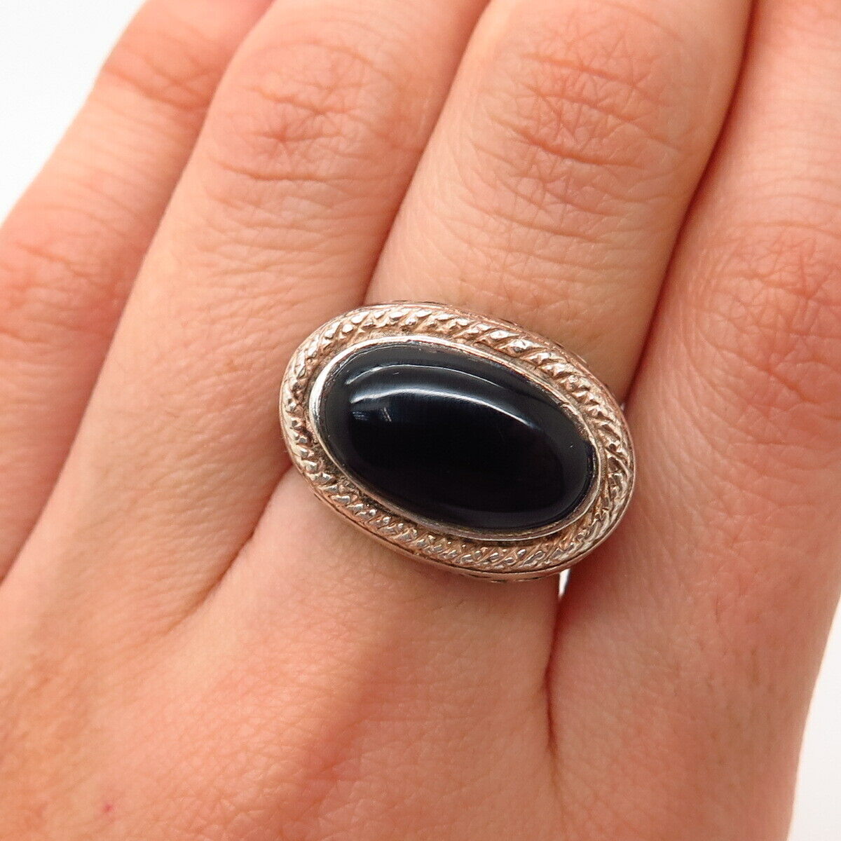 925 Sterling Silver Real Black Onyx Gemstone Ring Size 6