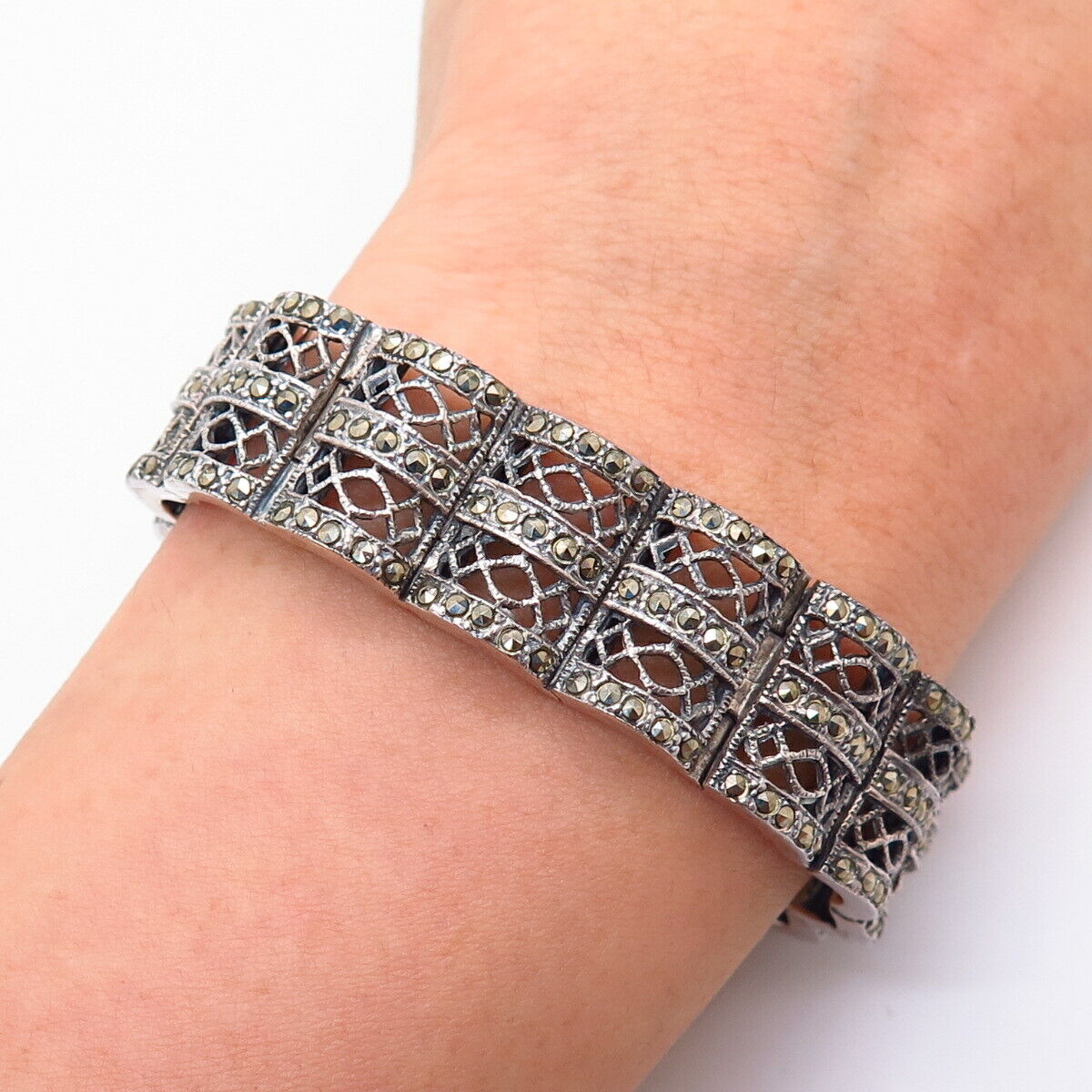 925 Sterling Silver Real Marcasite Gemstone Book Link Bracelet 6 3/4"