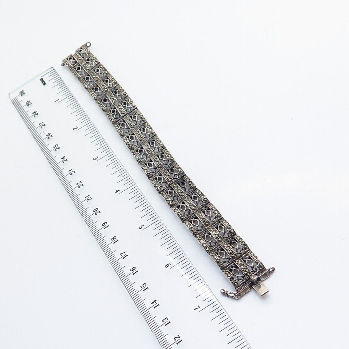 925 Sterling Silver Real Marcasite Gemstone Book Link Bracelet 6 3/4"