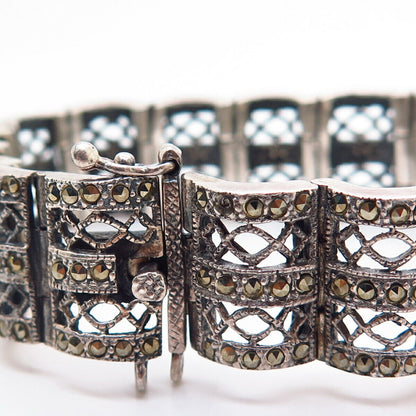 925 Sterling Silver Real Marcasite Gemstone Book Link Bracelet 6 3/4"