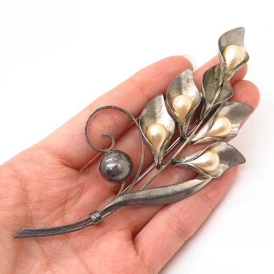 925 Sterling Silver Vintage Truart Faux Pearl Lily Of The Valley Floral Brooch