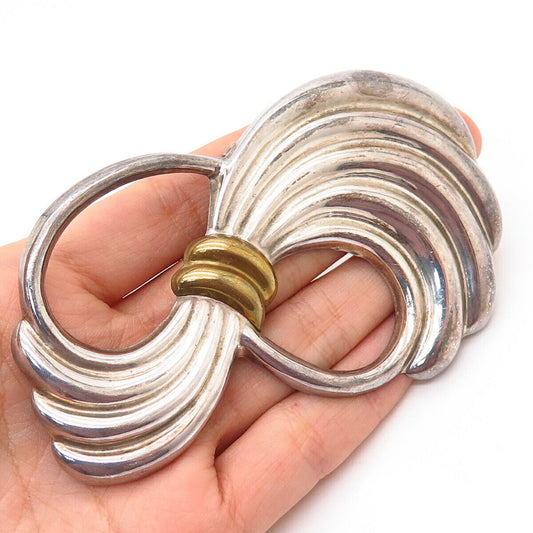 925 Sterling 2-Tone Vintage Mexico Ribbed Swirl Design Large Brooch / Pendant