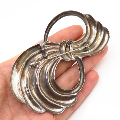 925 Sterling 2-Tone Vintage Mexico Ribbed Swirl Design Large Brooch / Pendant