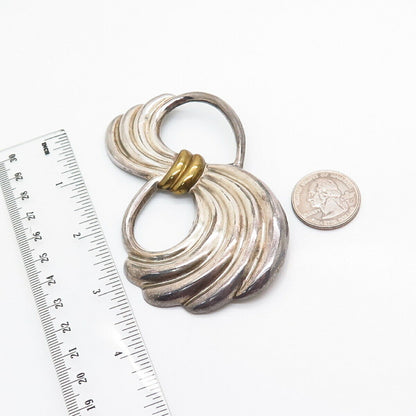 925 Sterling 2-Tone Vintage Mexico Ribbed Swirl Design Large Brooch / Pendant