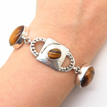 925 Sterling Silver Real Tiger Eye Gemstone Oval Link Bracelet 6 3/4"