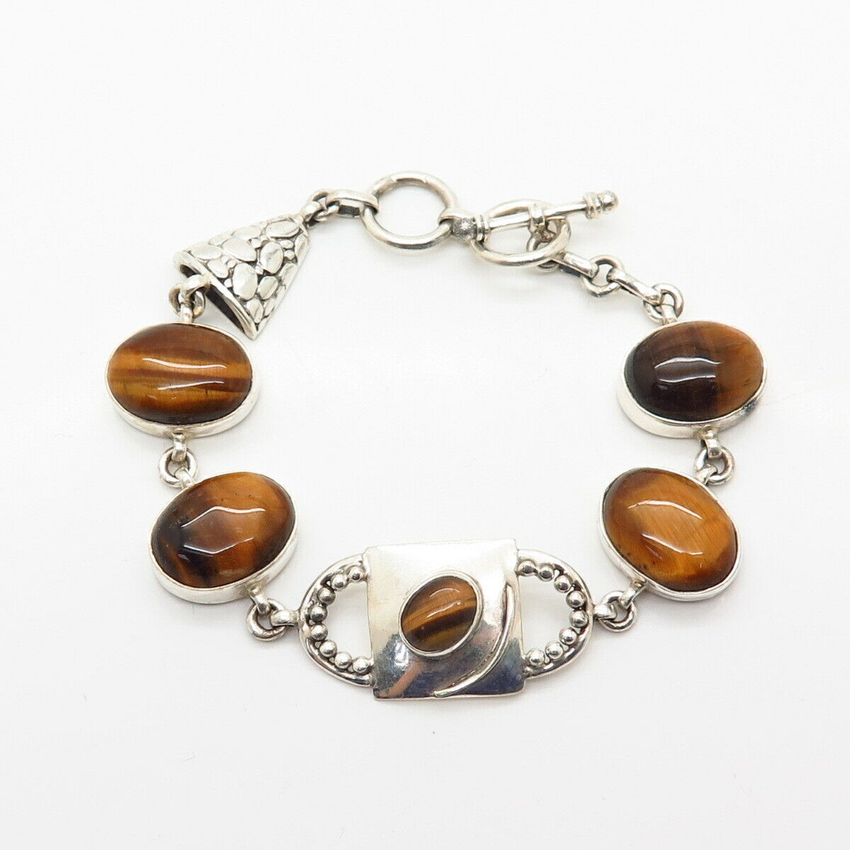 925 Sterling Silver Real Tiger Eye Gemstone Oval Link Bracelet 6 3/4"