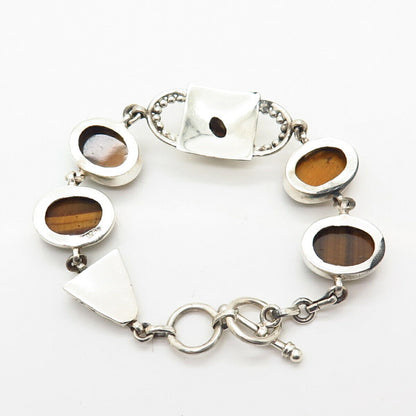 925 Sterling Silver Real Tiger Eye Gemstone Oval Link Bracelet 6 3/4"