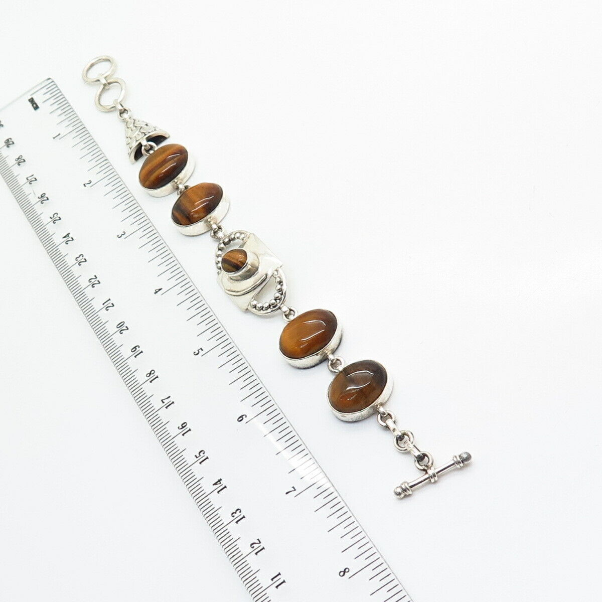 925 Sterling Silver Real Tiger Eye Gemstone Oval Link Bracelet 6 3/4"