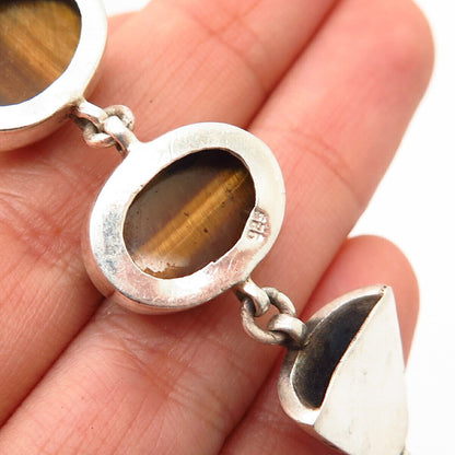 925 Sterling Silver Real Tiger Eye Gemstone Oval Link Bracelet 6 3/4"