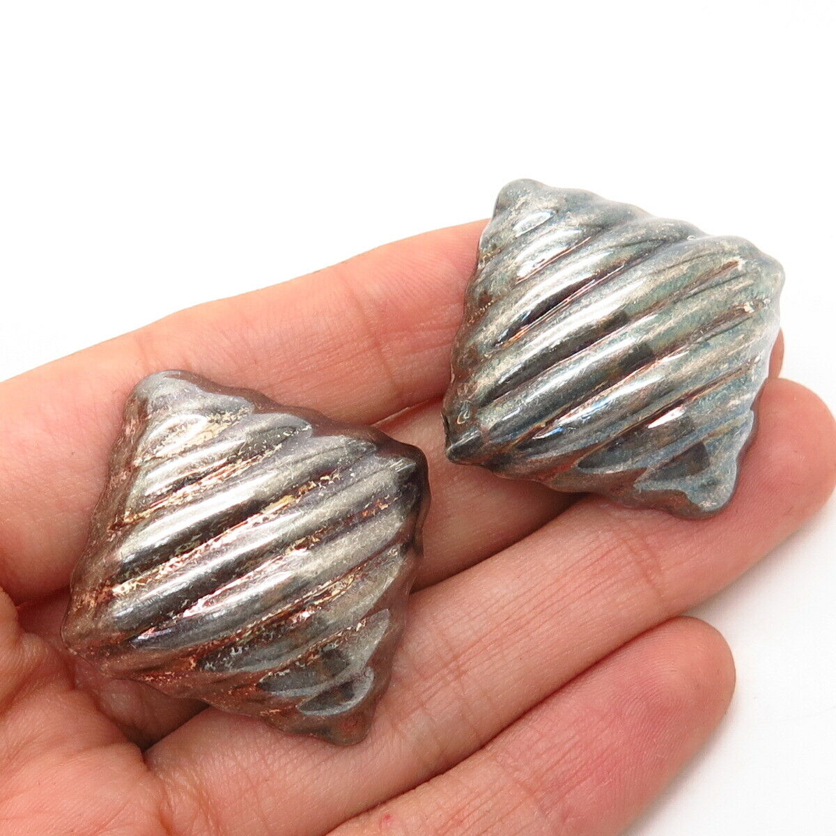 925 Sterling Silver Vintage Mexico Ribbed Rhombus Hollow Clip On Earrings