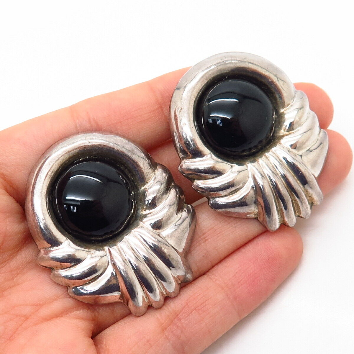 925 Sterling Silver Vintage Mexico Real Black Onyx Gem Large Clip On Earrings