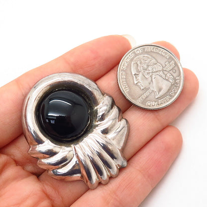 925 Sterling Silver Vintage Mexico Real Black Onyx Gem Large Clip On Earrings