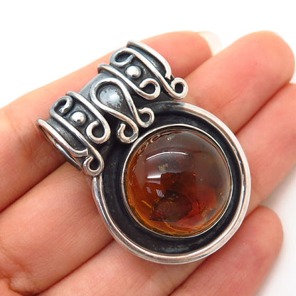 925 Sterling Silver Real Amber Large Slide Pendant