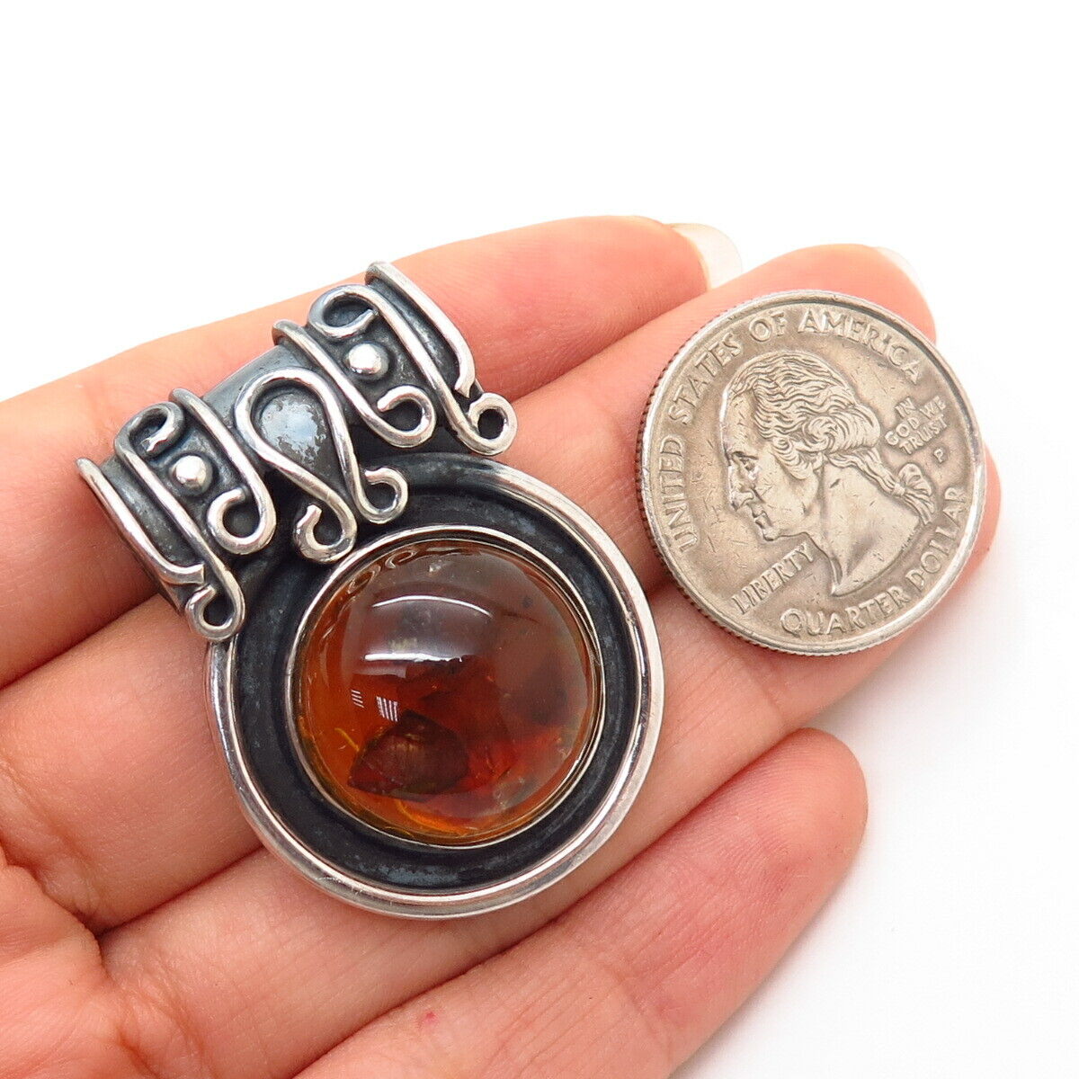 925 Sterling Silver Real Amber Large Slide Pendant