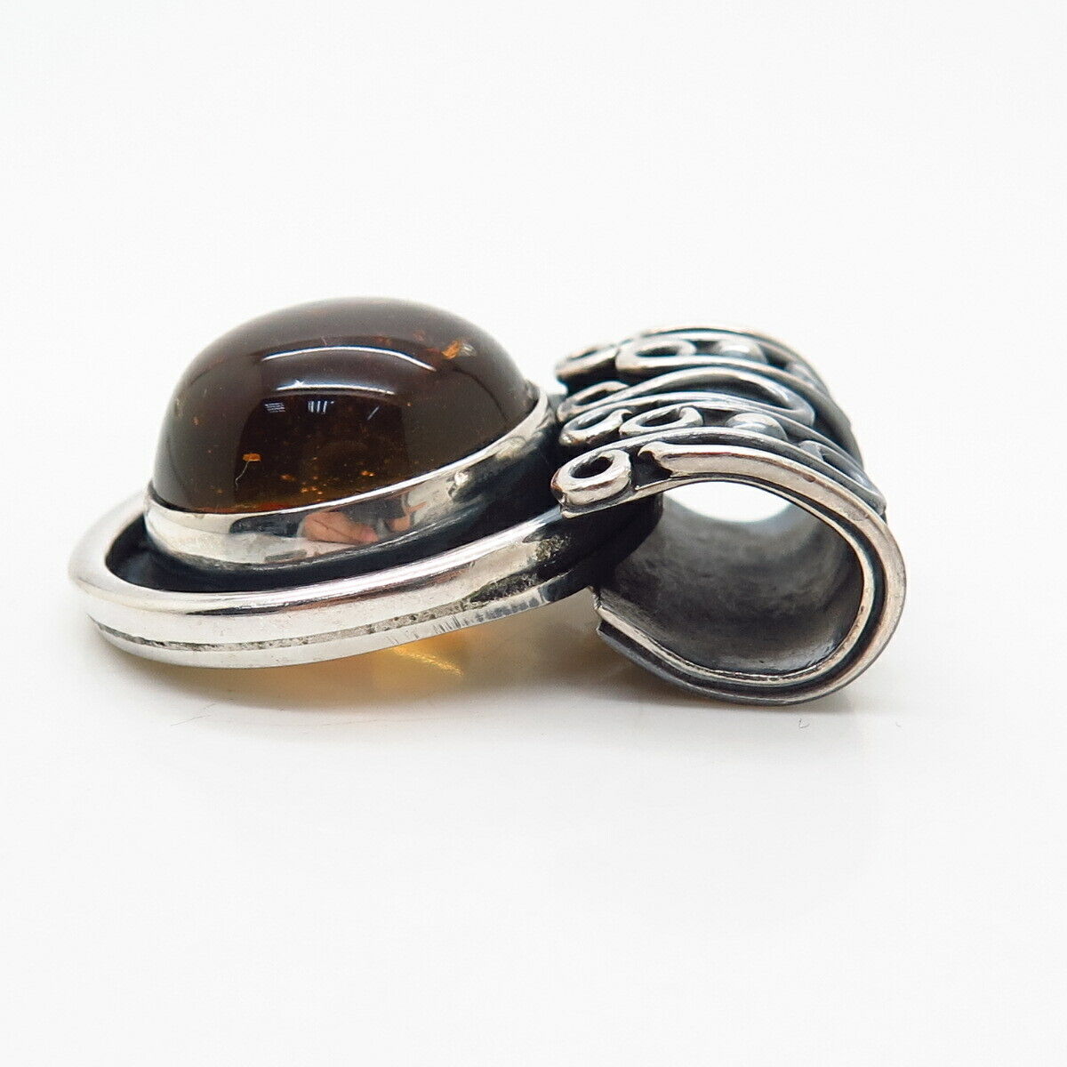 925 Sterling Silver Real Amber Large Slide Pendant