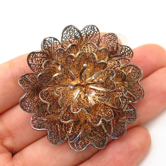 835 Silver Gold Plated Vintage Filigree Floral Design Pin Brooch