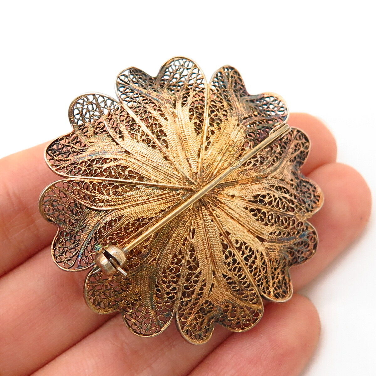 835 Silver Gold Plated Vintage Filigree Floral Design Pin Brooch