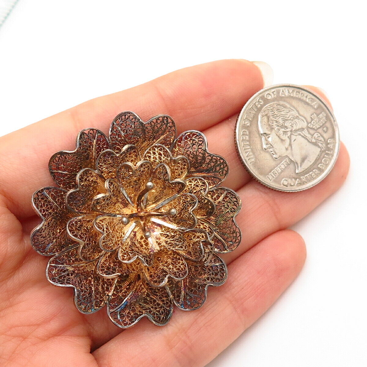 835 Silver Gold Plated Vintage Filigree Floral Design Pin Brooch