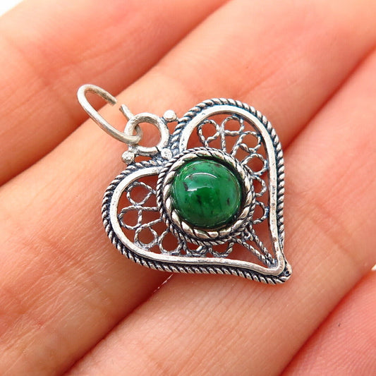 925 Sterling Silver Chrysocolla Gemstone Heart Filigree Design Pendant