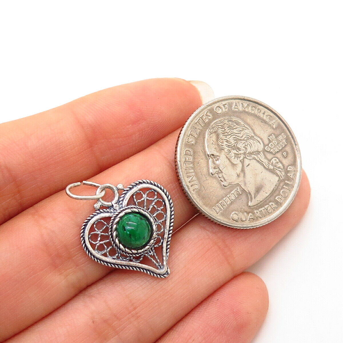 925 Sterling Silver Chrysocolla Gemstone Heart Filigree Design Pendant