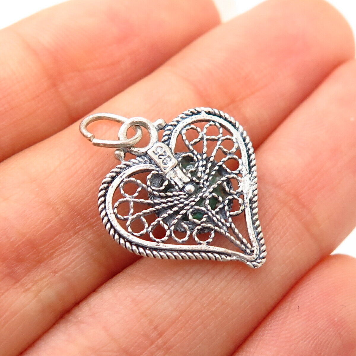 925 Sterling Silver Chrysocolla Gemstone Heart Filigree Design Pendant