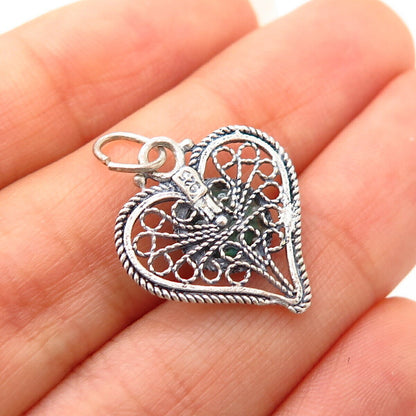 925 Sterling Silver Chrysocolla Gemstone Heart Filigree Design Pendant