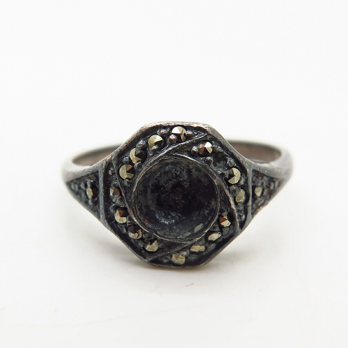 925 Sterling Silver Antique Real Marcasite Gemstone Ring Size 4 3/4