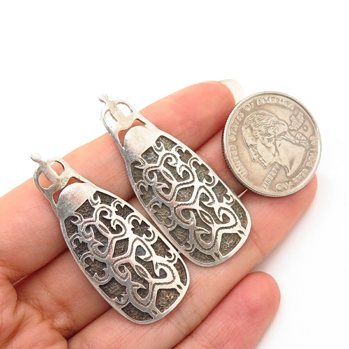 925 Sterling Silver Ornate Ethnic Design Bar Earrings