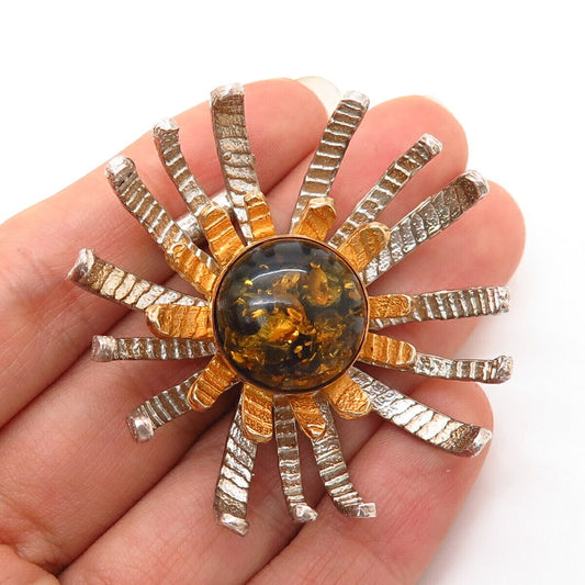 925 Sterling Silver 2-Tone Real Amber Floral Design Large Slide Pendant